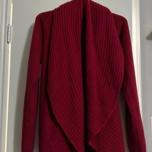 Ladies small dark red sweater long sleeve with shawl collar, ribbed pattern